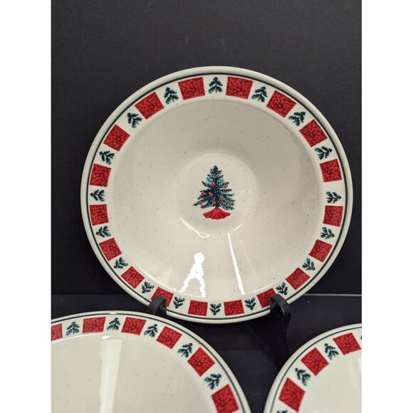 Folk Craft Holiday Stoneware Christmas Tree 7 3/4" Cereal Soup Bowl Lot of 3 - Picture 2 of 8